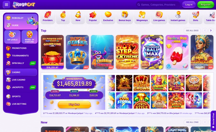RoboCat casino lobby showing category rows with See all counts