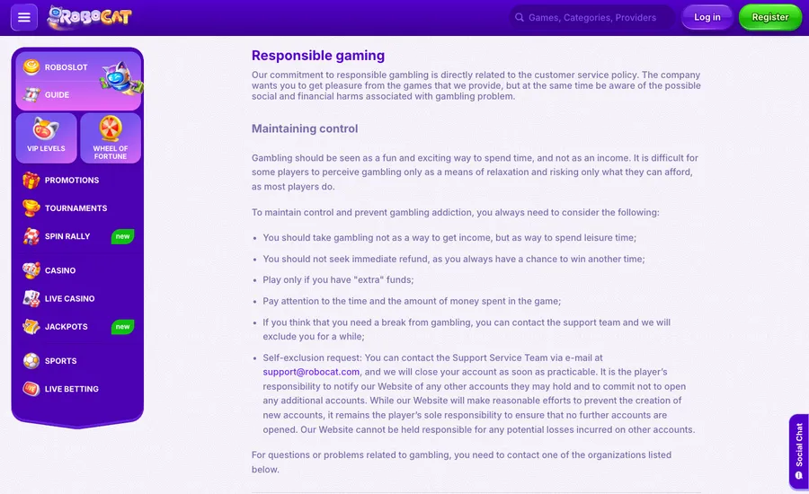 RoboCat responsible gaming page with a self-assessment questionnaire and three named organisations