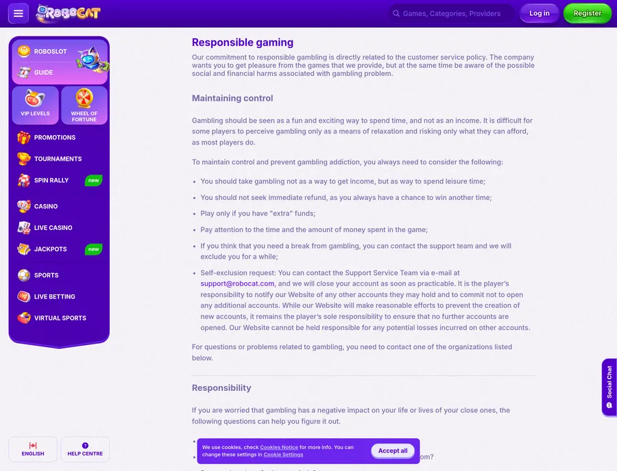 RoboCat responsible gaming page with a self-assessment questionnaire and three named organisations