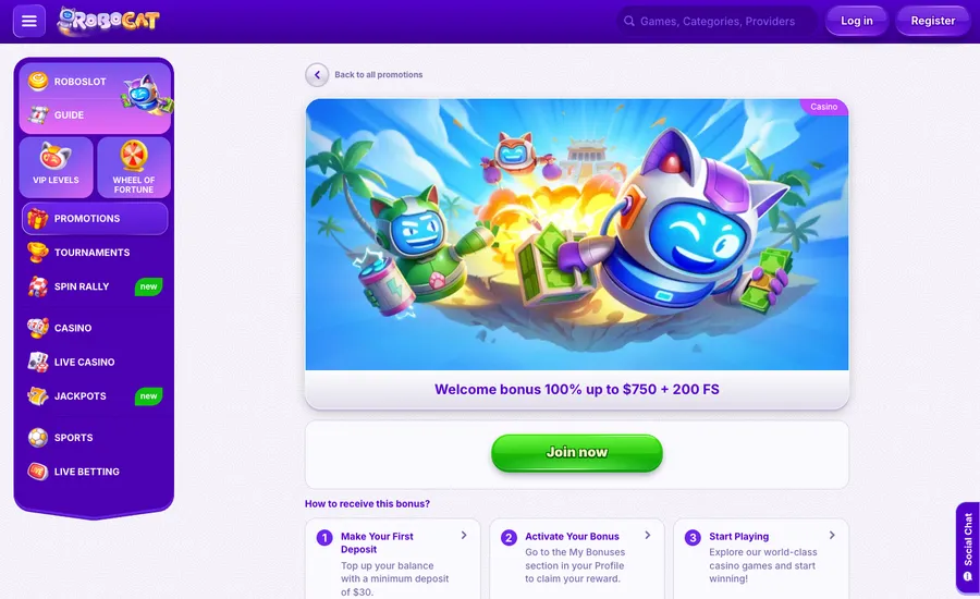 RoboCat welcome bonus page listing 18 numbered bonus terms in Canadian dollars