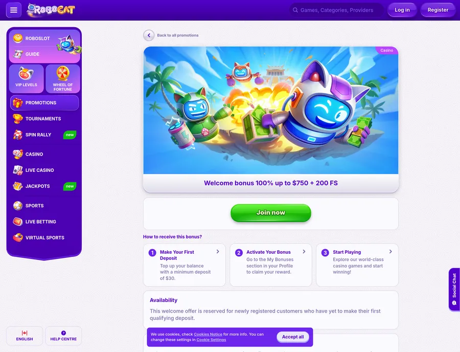 RoboCat welcome bonus page listing 18 numbered bonus terms in Canadian dollars
